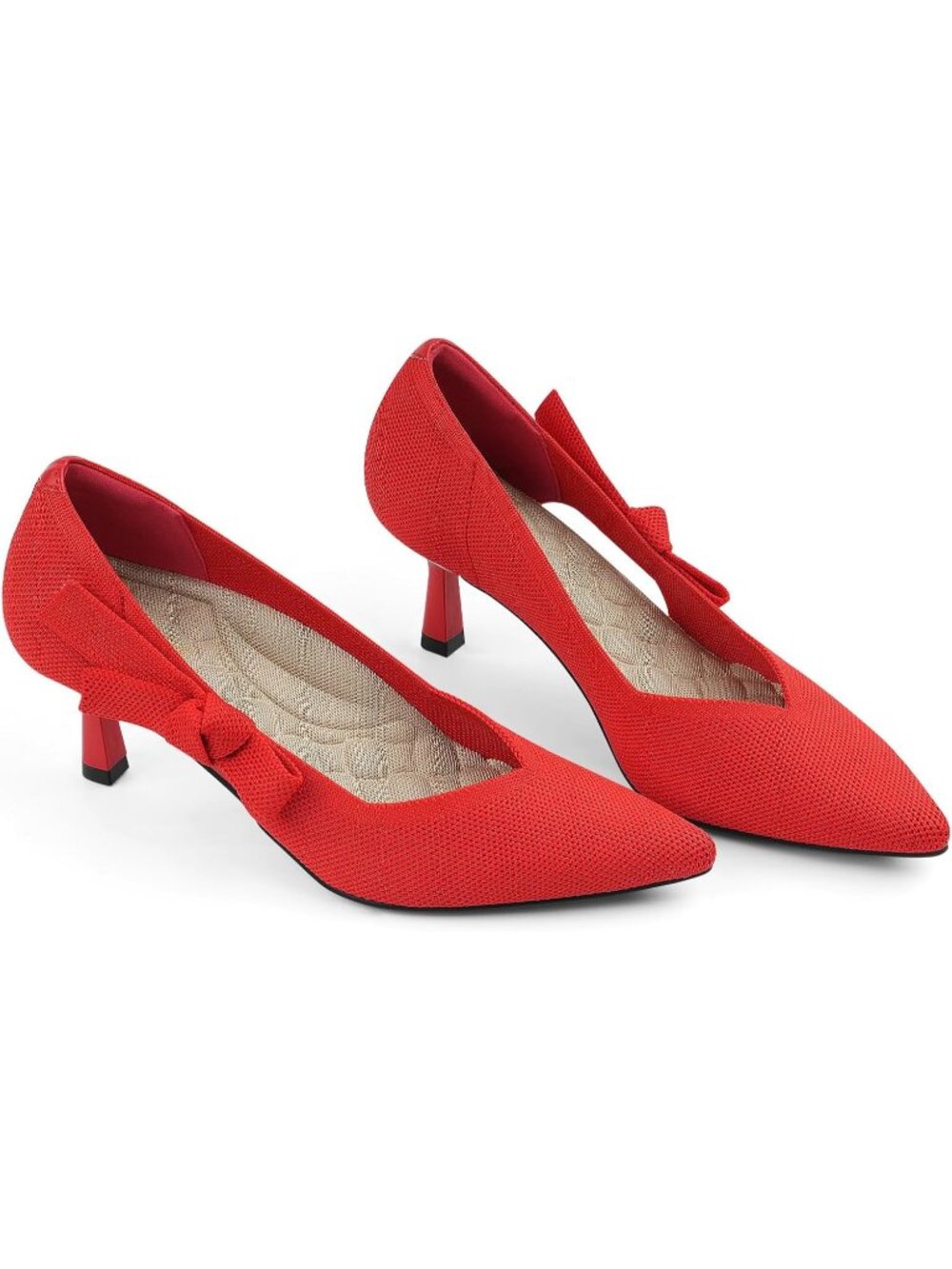 Women's Red Comfortable Closed Pointed Toe Stiletto Casual Knit Mid Heel Pumps
